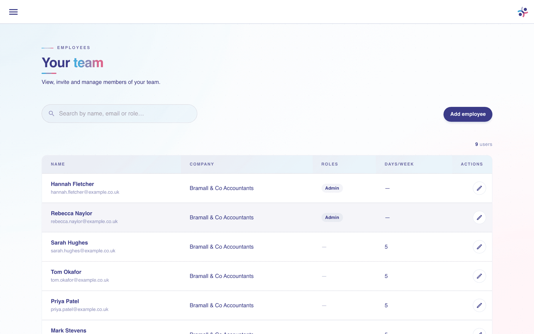 The team management page in the client portal listing employees