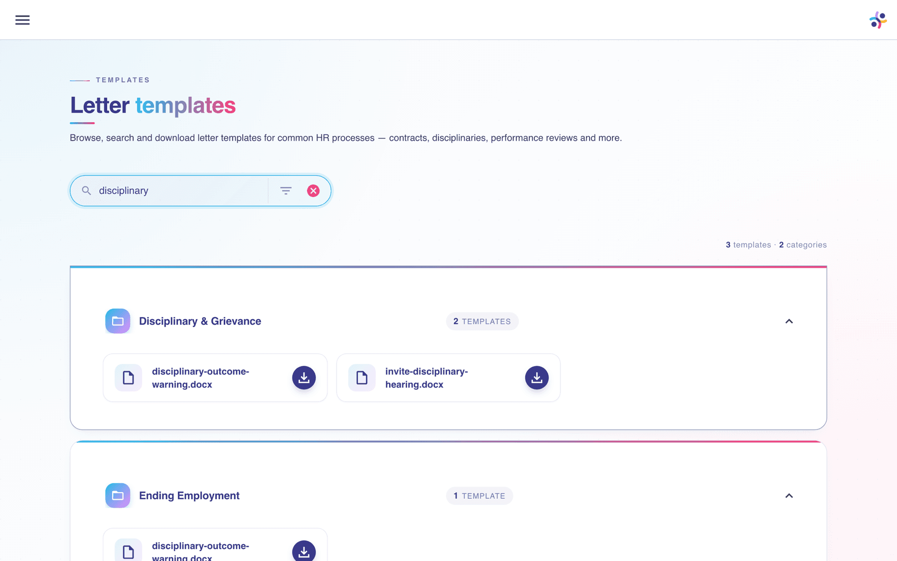 Searching the template library for disciplinary letters in the client portal