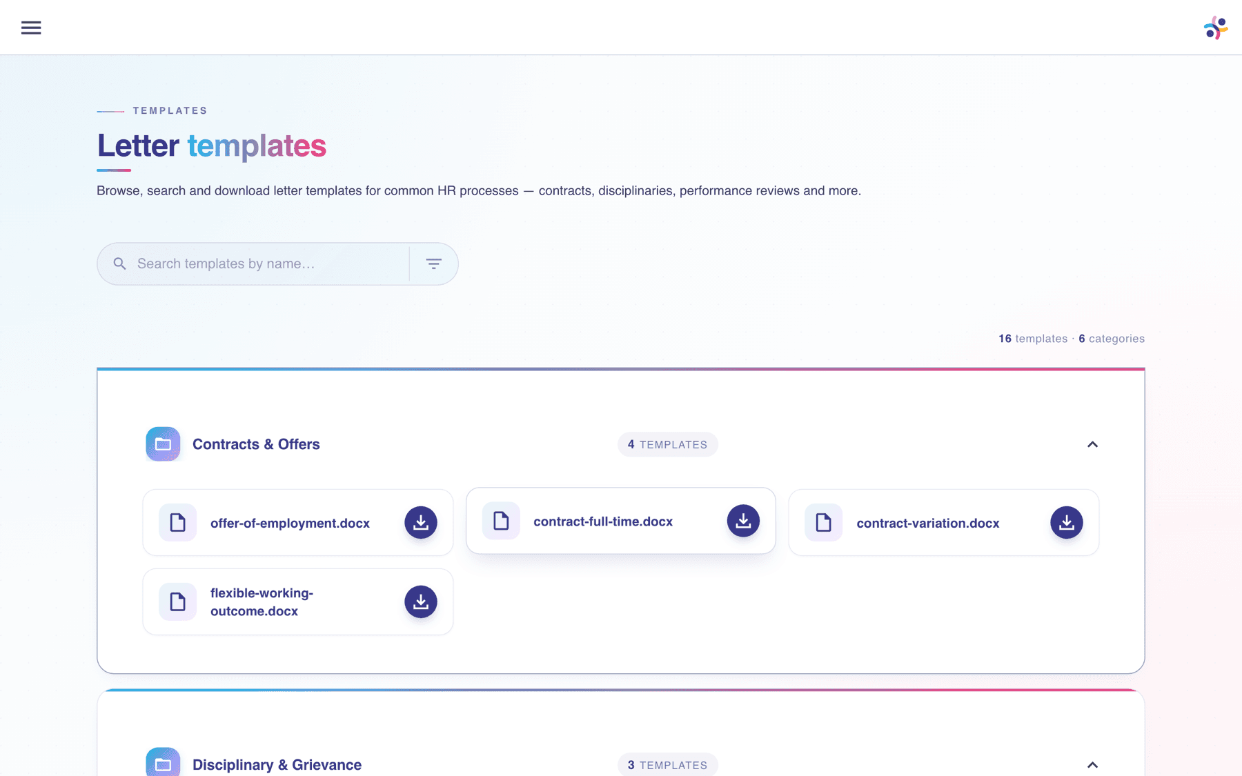 The Your HR Partners client portal showing the HR letter template library